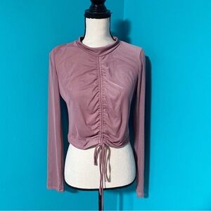 Lux LA 2X Pink Long Sleeve Mesh Sleeve Ruched Front Crop Top Shirt
